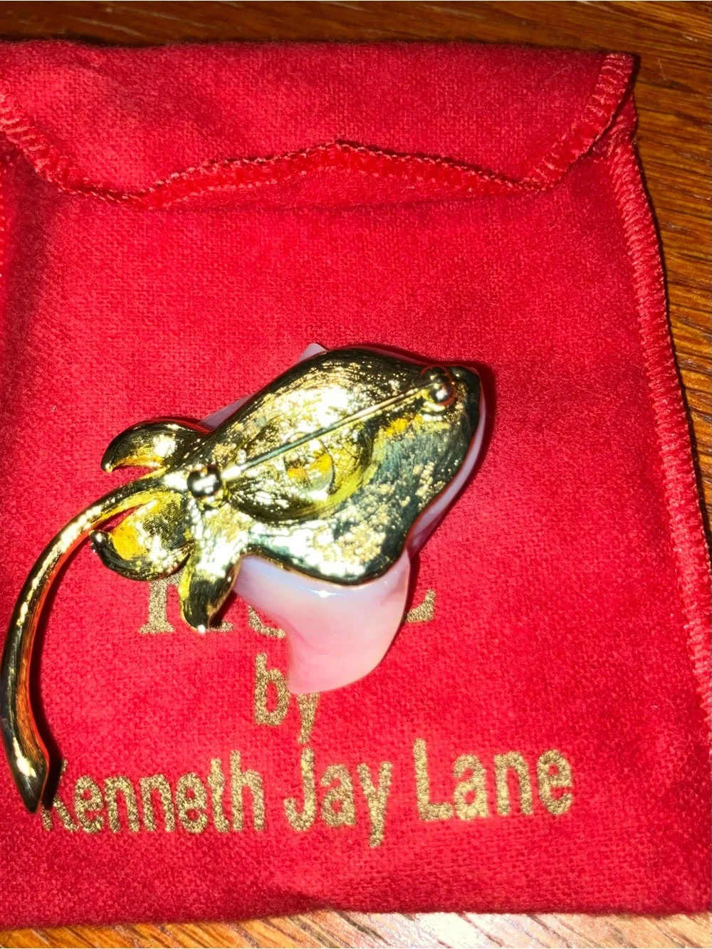 NEW Kenneth Jay Lane KJL Pink Resin Rose Brooch with Gold-Tone Black Enamel Stem